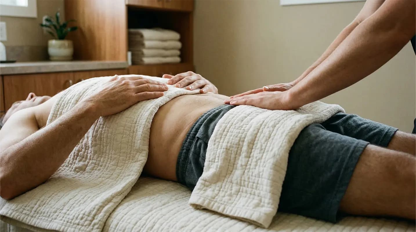 Person liegt bei einer Prostatamassage auf einer Behandlungsliege, der Oberkörper mit Tuch bedeckt.
