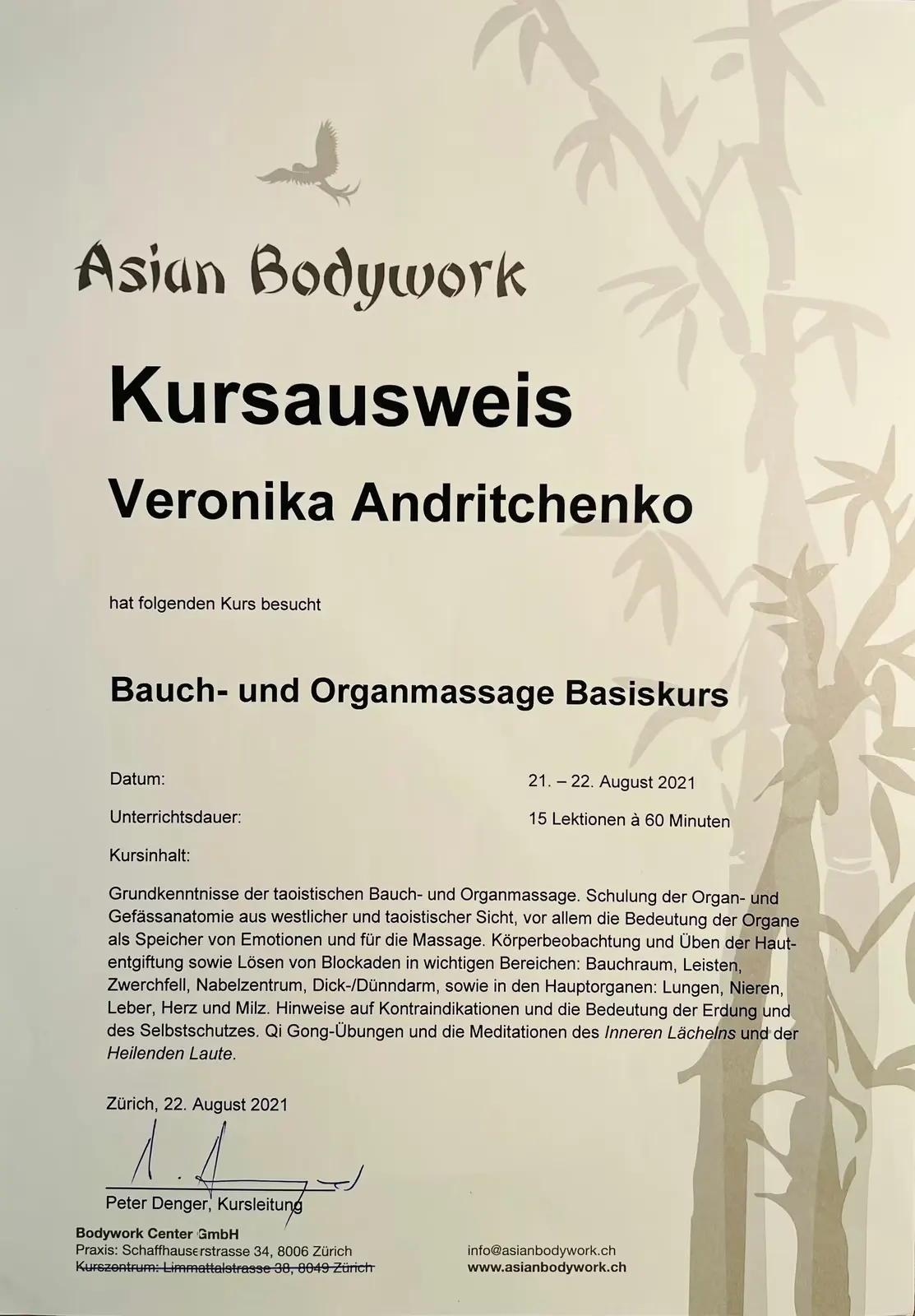 Kursausweis von Asian Bodywork für Veronika Andritchenko über den Basiskurs Bauch- und Organmassage mit Kursdatum 21.-22. August 2021 und Details zum Kursinhalt.