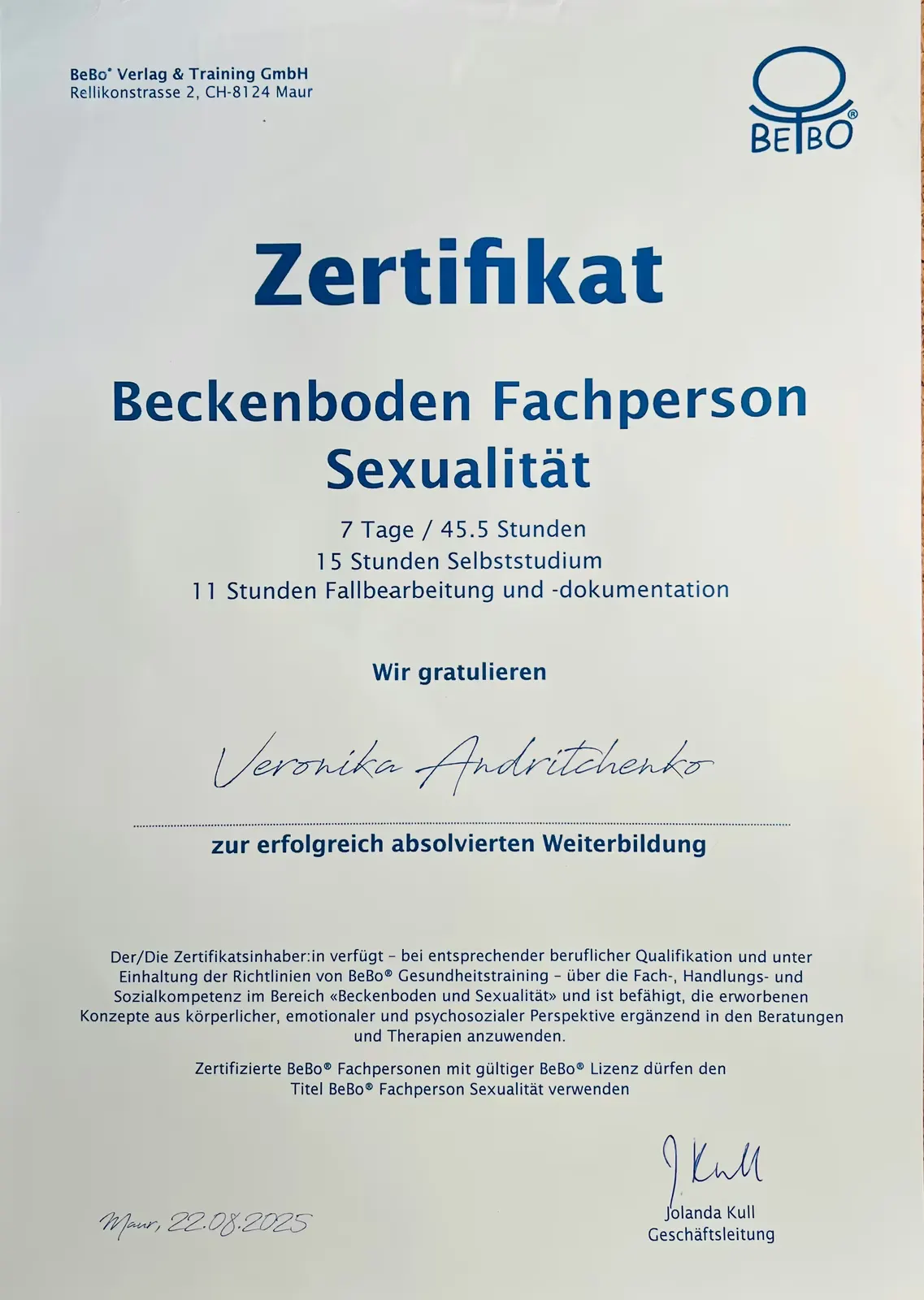 Zertifikat für Veronika Andritchenko als Beckenboden Fachperson Sexualität mit Weiterbildungsdetails und Unterschrift von Jolanda Kull.